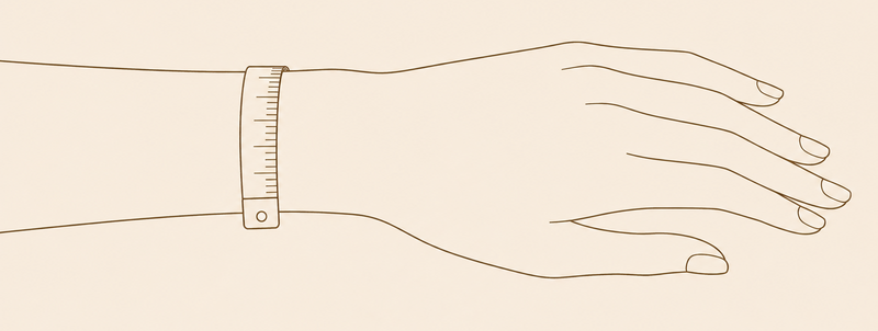 A minimalist line drawing of a hand and wrist wearing a measuring tape bracelet, on a solid pale beige background.